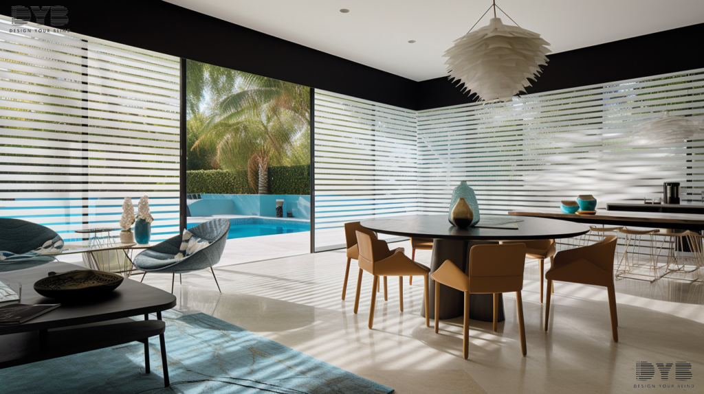 A dining room in Boynton Beach, Florida, featuring Silhouette Shades on floor-to-ceiling windows that overlook a backyard with a pool.
