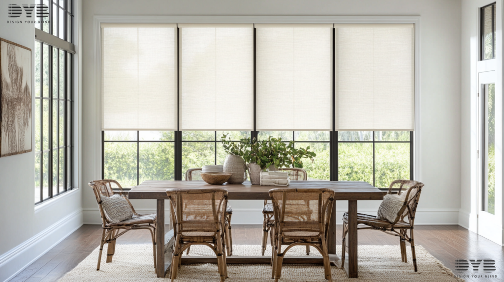 Contemporary dining room in Delray Beach, FL, with Roller Shades