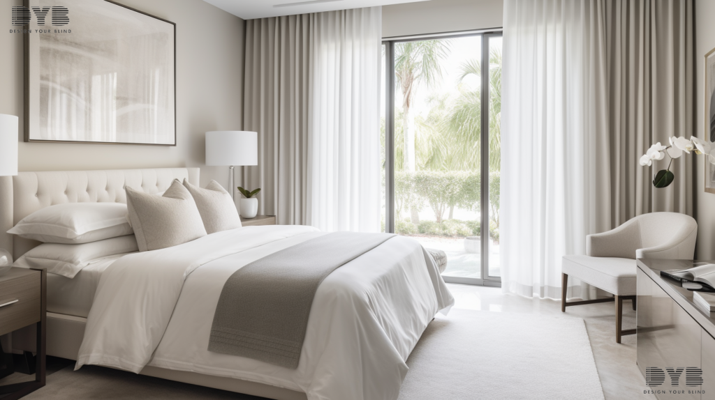 A master bedroom with sheer curtains, creating a serene ambiance in a Palm Beach Gardens home.