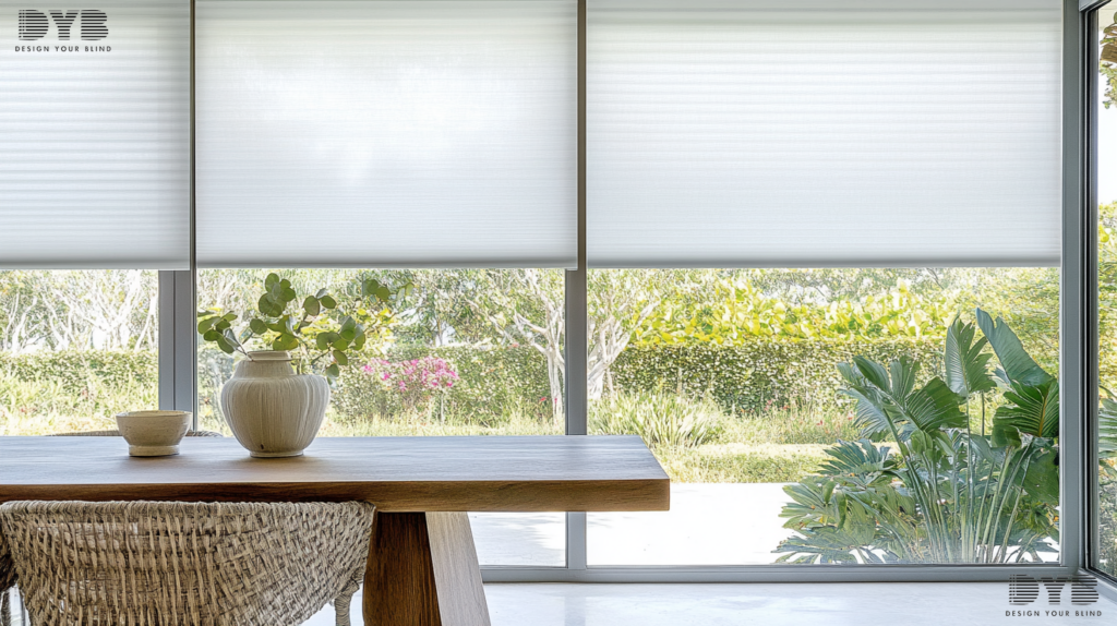 A farmhouse modern dining room with Pirouette Shades, showcasing a lush garden view.