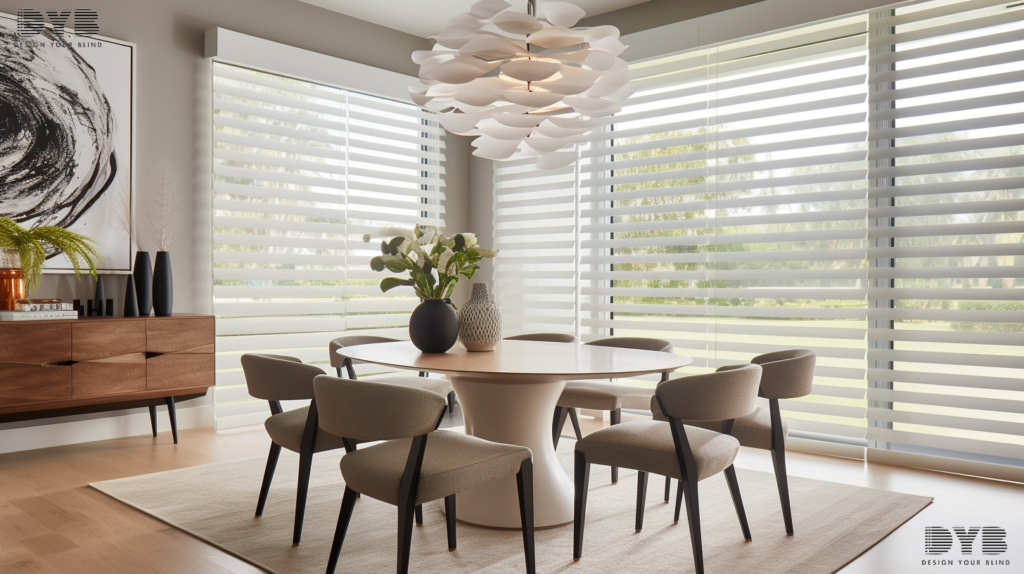 A casual dining room in Boca Raton, FL, with Pirouette Shades partially closed, overlooking a golf course.
