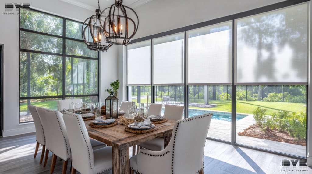 A casual dining room in West Palm Beach, FL, featuring Screen Roller Shades and a view of a pool.