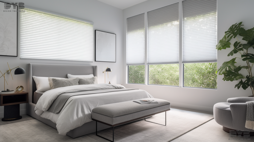 A minimalist guest bedroom in Palm Beach Gardens, FL, featuring Honeycomb Shades that provide a serene and peaceful atmosphere. The shades add a touch of sophistication to the space, complementing the minimalist design.