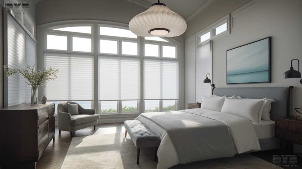 A master bedroom in Boynton Beach, Florida, featuring Honeycomb Shades on large windows that overlook the ocean.