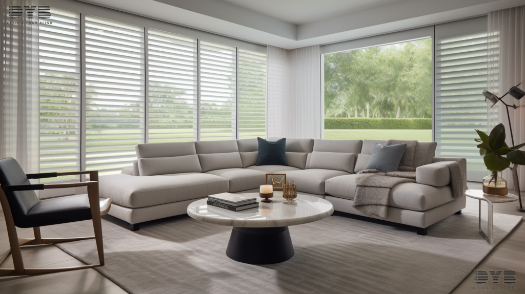 A family room in Boca Raton, FL, with Pirouette Shades partially closed, overlooking a golf course.
