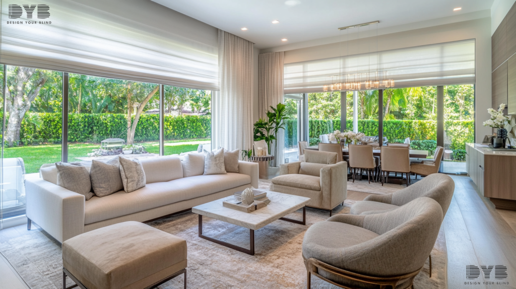 A formal living room in West Palm Beach, FL, showcasing Pirouette Shades and a view of the backyard.