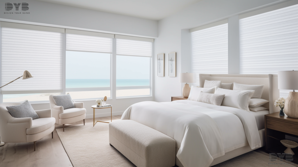 A Palm Beach Gardens bedroom with Blackout Roller Shades, showcasing a serene and restful atmosphere. The shades provide complete darkness for a peaceful sleep.