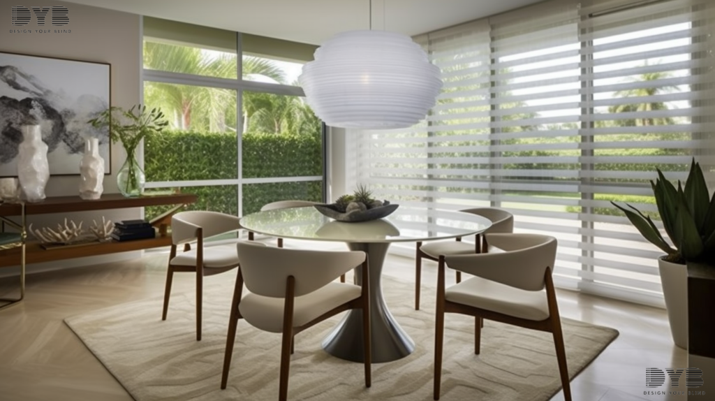 A casual dining room in Boca Raton, FL, with Pirouette Shades fully closed, overlooking a garden.