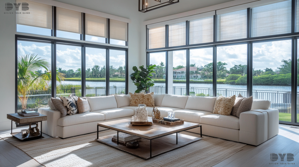 Pirouette Shades in a modern family room with Intercoastal Waterway views in Palm Beach Gardens, Florida.