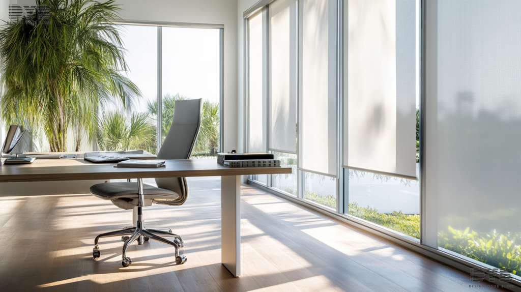 Home office in Delray Beach, FL, with Roller Shades casting shadows