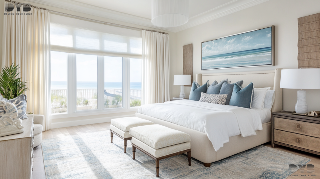 Transitional bedroom in West Palm Beach featuring Roller Shades, offering a serene and stylish retreat.
