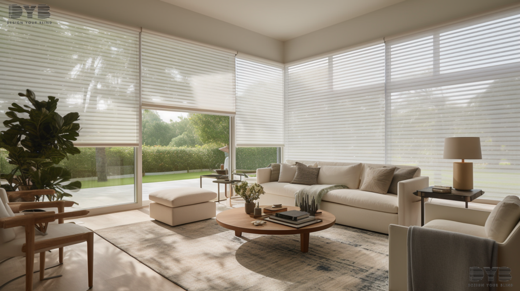 A spacious formal living room in Boynton Beach, Florida, featuring Screen Roller Shades on large windows that overlook the backyard.