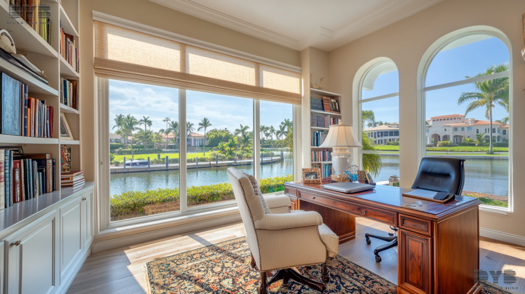 A home office in West Palm Beach, FL, with Screen Roller Shades, overlooking the canals.
