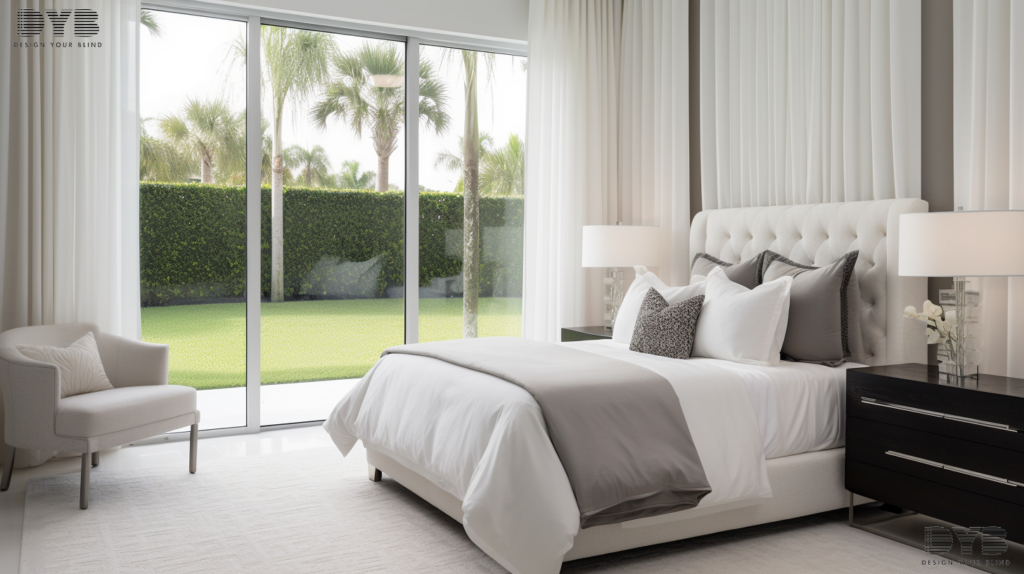 A farmhouse modern bedroom with sheer curtains in Palm Beach Gardens, FL, showcasing a backyard with a pool.