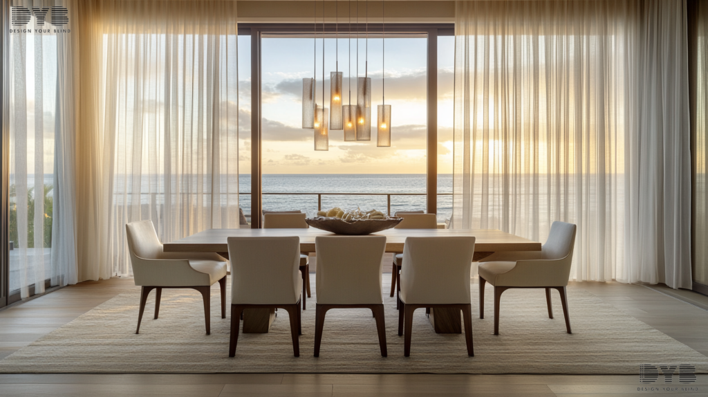 Sheer Curtains in a Casual Dining Room with ocean views in Palm Beach Gardens, Florida.