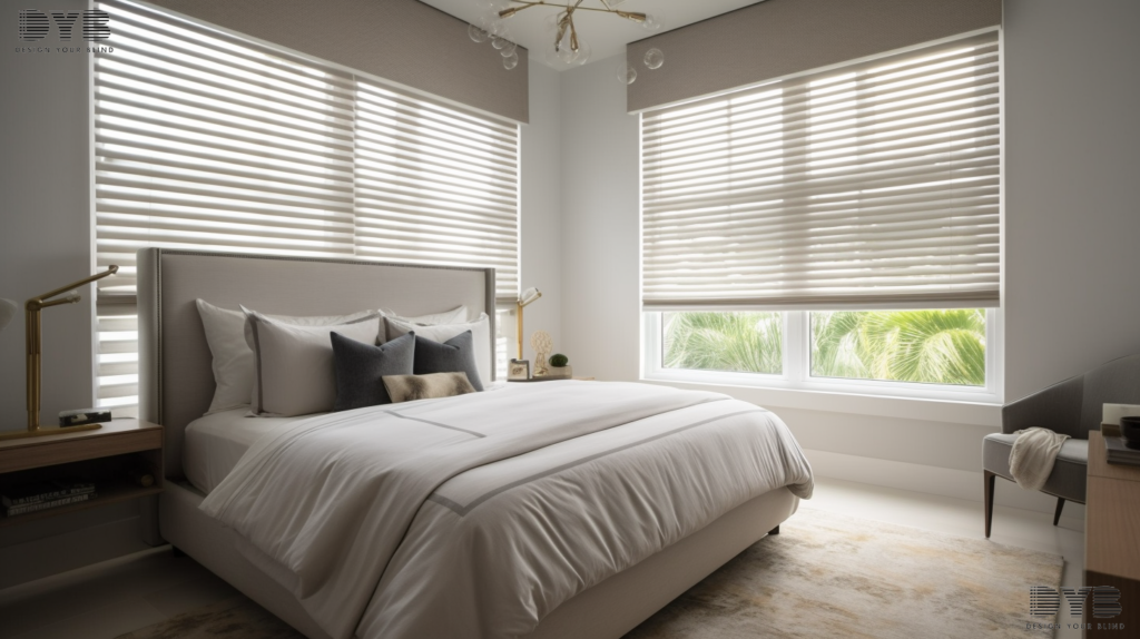 A guest bedroom in Boca Raton, FL, with a king-sized bed and Pirouette Shades partially closed, overlooking a lake.