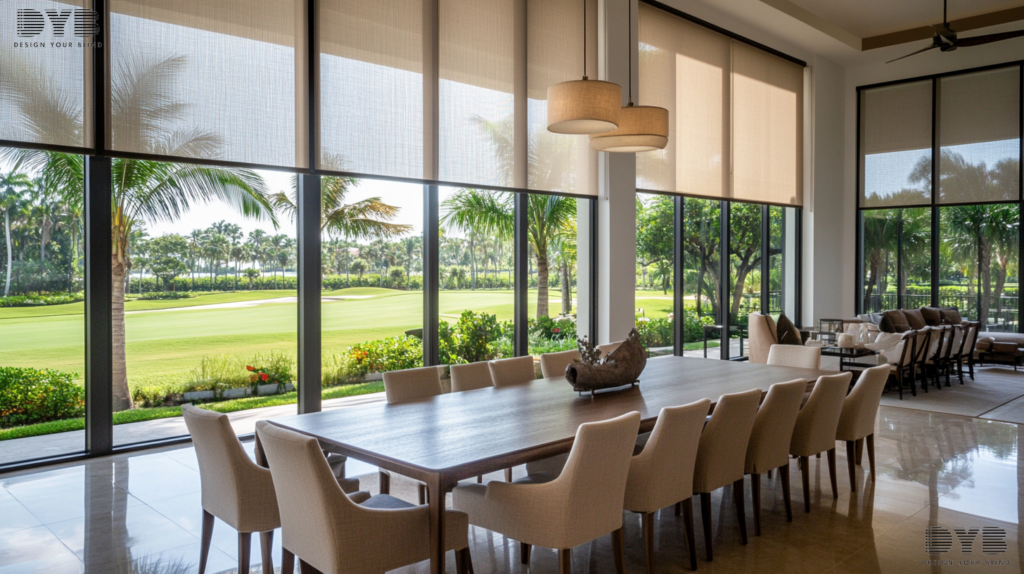 Transitional dining room in West Palm Beach with Screen Roller Shades, showcasing a golf course view.