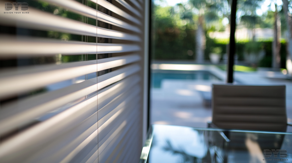 Close-up of Pirouette Shades in a modern West Palm Beach home office, showcasing a poolside view.