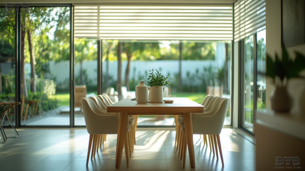 Zebra Shades in a minimalist Casual Dining Room with backyard views in Palm Beach Gardens, Florida.