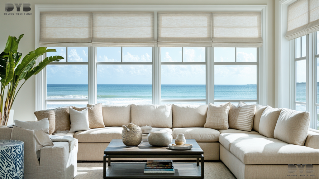 Zebra Shades in a coastal family room with ocean views in Palm Beach Gardens, Florida.