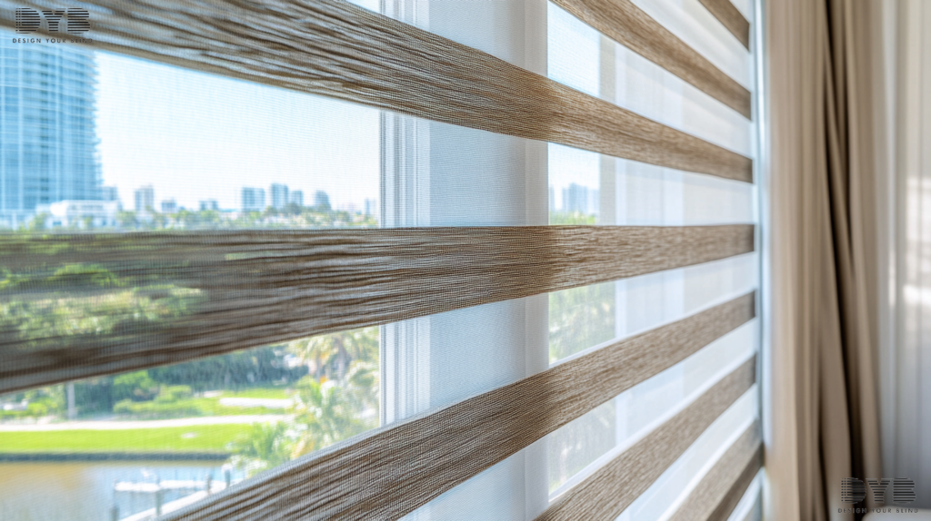 Close-up of Zebra Shades in a West Palm Beach living room, showcasing a modern farmhouse design.