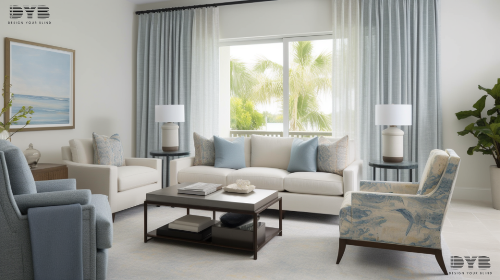 A coastal-style family room in Parkland, Florida, featuring Blackout Curtains and Backyard with pool view.