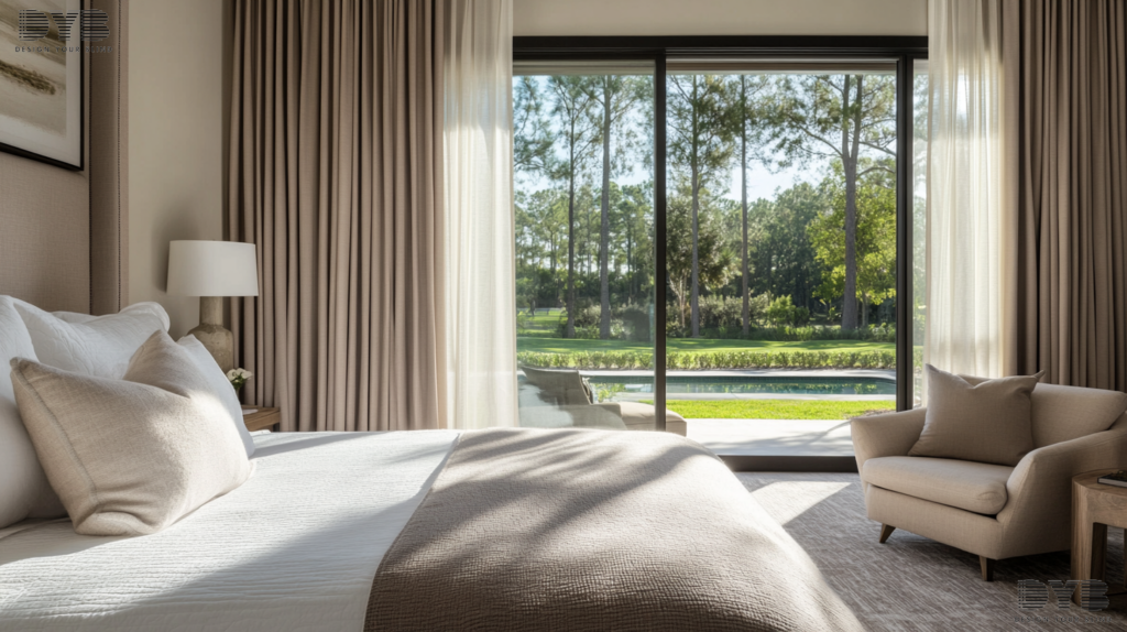 A master bedroom with Blackout Curtains in Parkland, Florida, showcasing a farmhouse modern design.