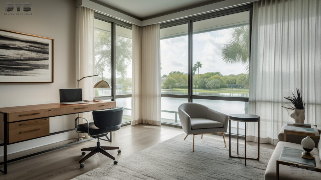 An Urban Modern home office in Lighthouse Point, FL, with blackout curtains and a lake view.