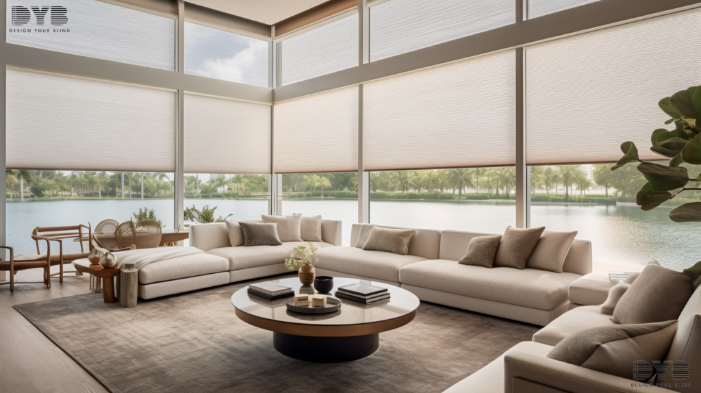 A living room in Boca Raton, Florida, with Solar Shades on the windows overlooking a lake.