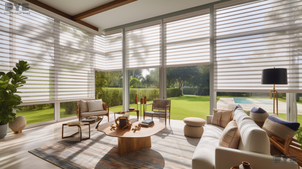 A living room in Boca Raton, Florida, with a view of a garden through partially closed Solar Shades.