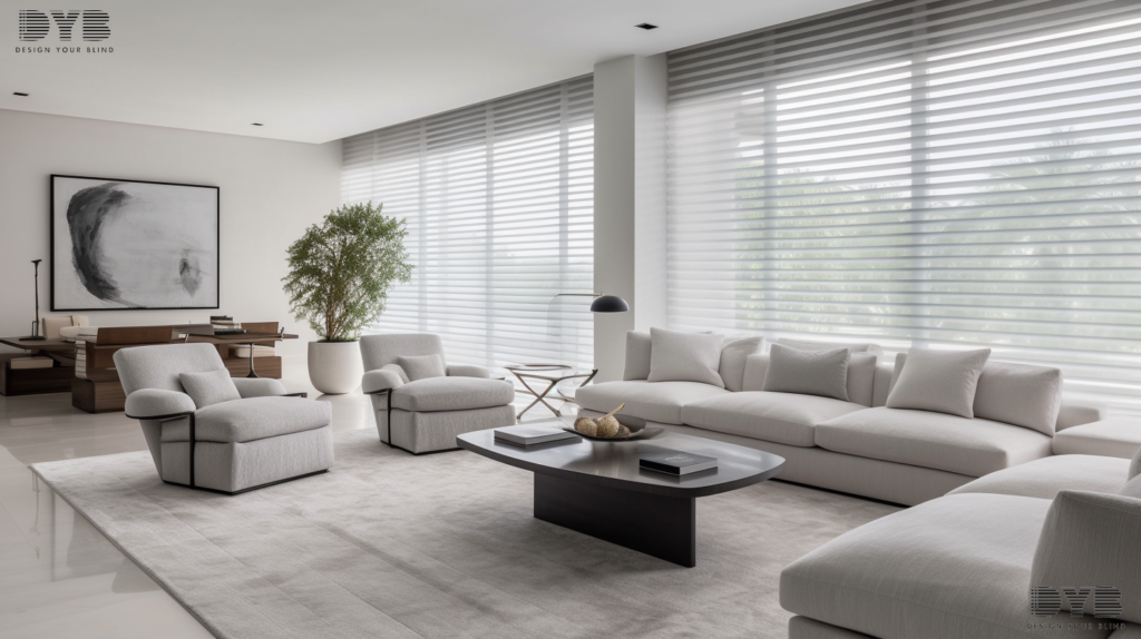 A minimalist living room in Boca Raton, Florida, with Solar Shades on the windows.