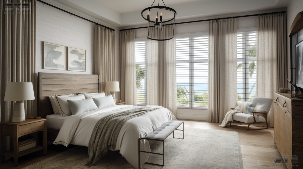 Blackout curtains in a coastal bedroom with lake views in Delray Beach, FL