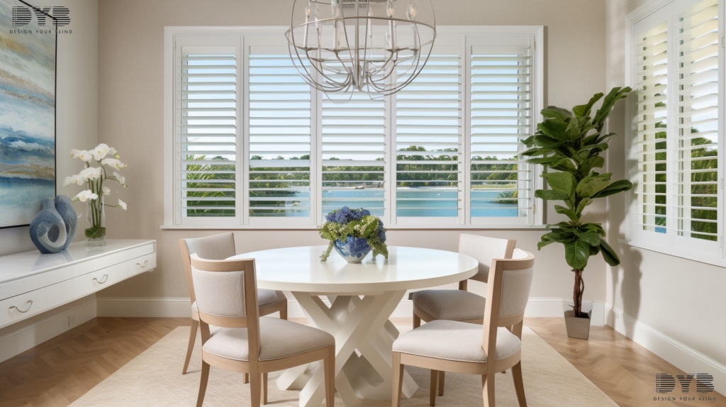 A casual dining room with Plantation Shutters overlooking a lake in Lighthouse Point, FL.