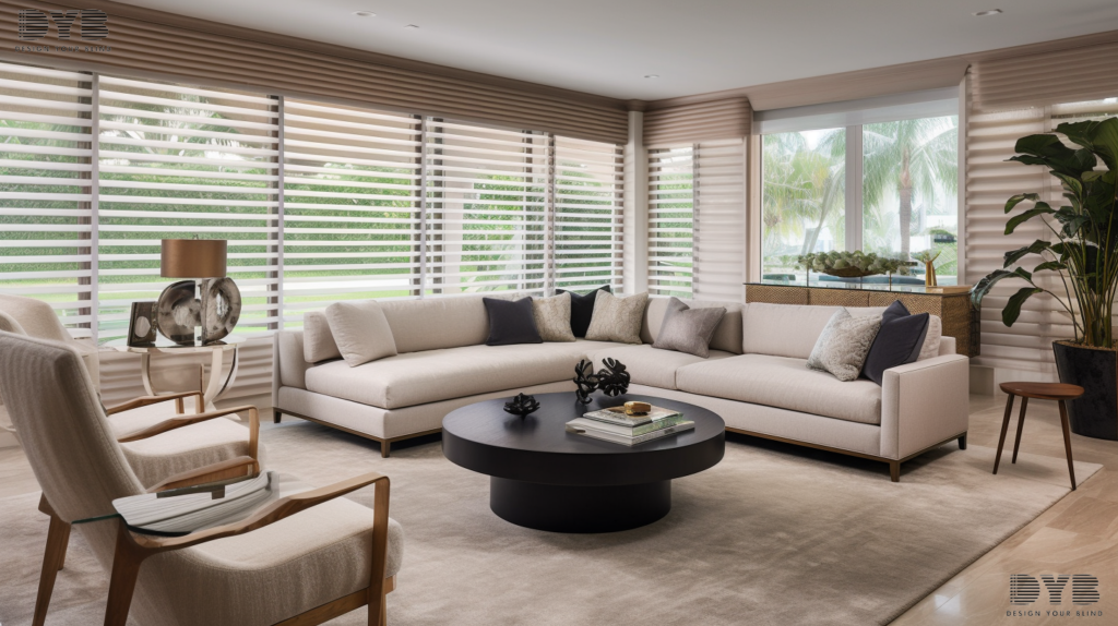 A living room in Boca Raton, Florida, with a view of a backyard with a pool through fully closed Solar Shades.