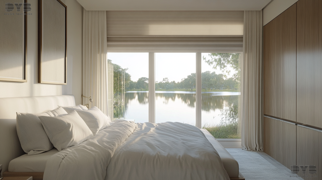 Solar Shades in Parkland, FL, bring a sense of tranquility and comfort to a minimalist guest bedroom.