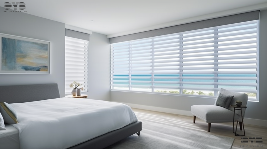 Blackout curtains in a contemporary master bedroom with ocean views in Delray Beach, FL