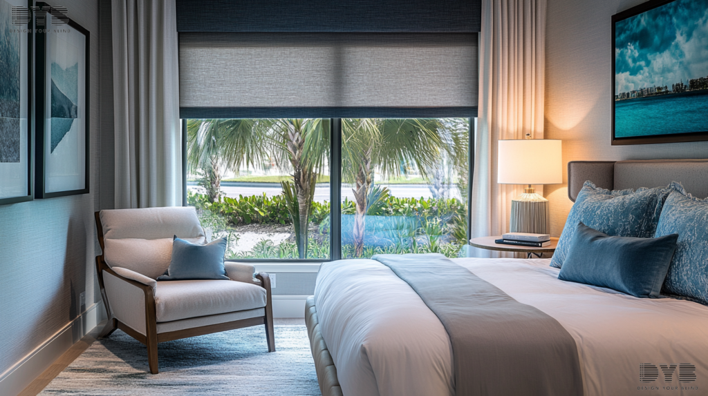 A serene master bedroom in Boynton Beach, FL, featuring a Coastal interior design style with a luxurious bed, a plush chair, a large framed coastal-themed artwork on the wall, a side table with a small lamp, and a stack of books, a Blackout Roller Shade, and furniture from Williams Sonoma.