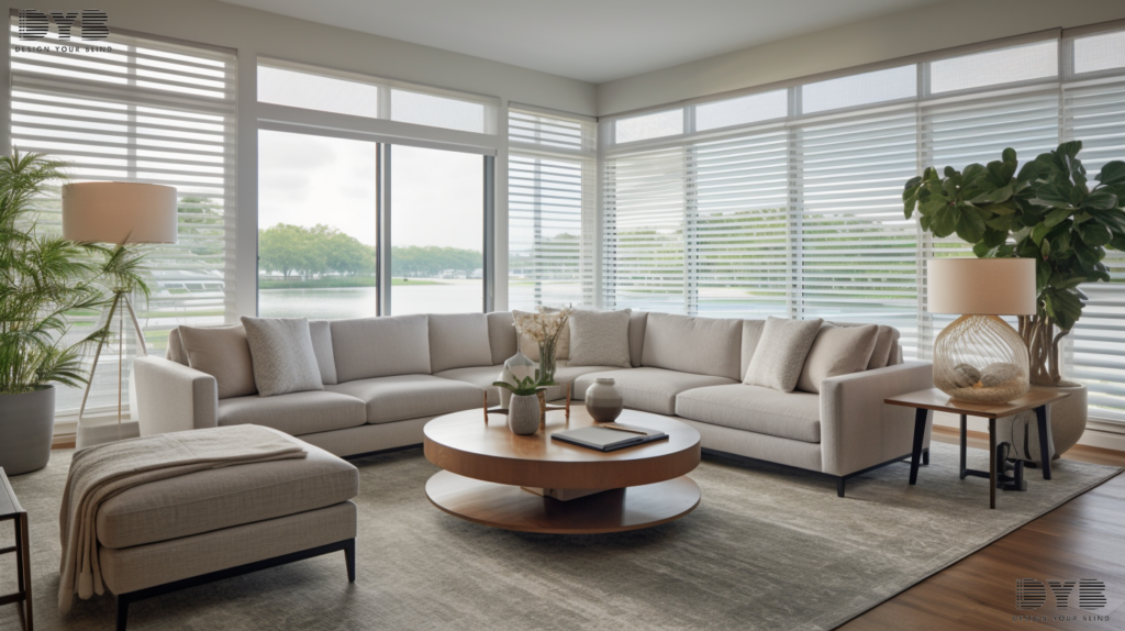 A Family Room in Lighthouse Point, FL, with Cellular Shades and a lake view.