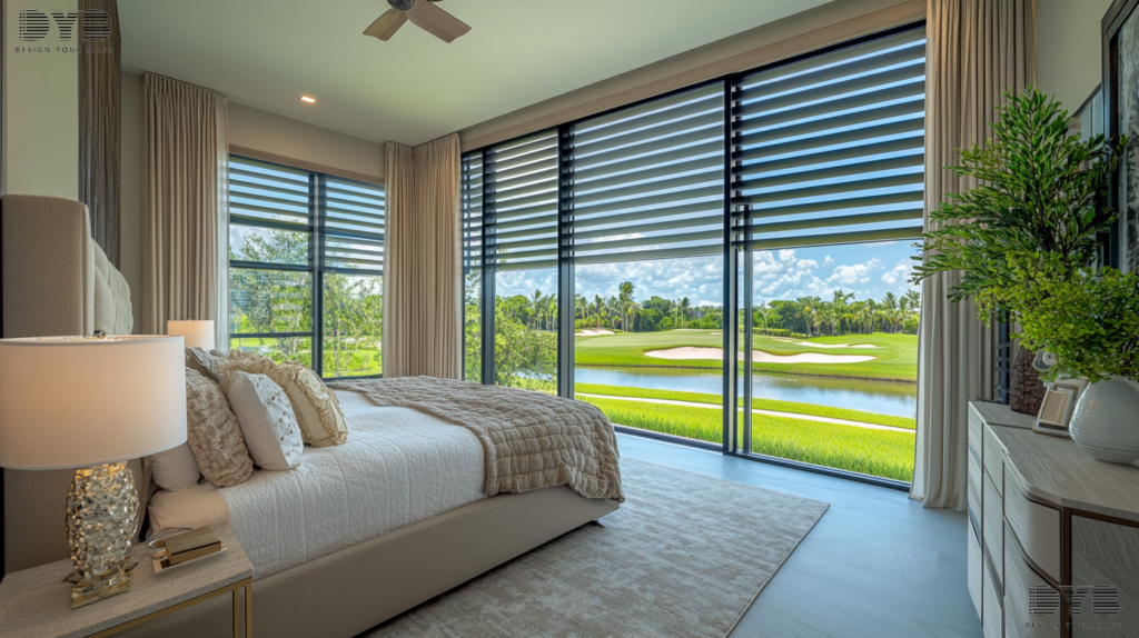 A guest bedroom in Parkland, FL, featuring Pirouette Shades, a plush bed, and modern furniture from Baker Furniture.