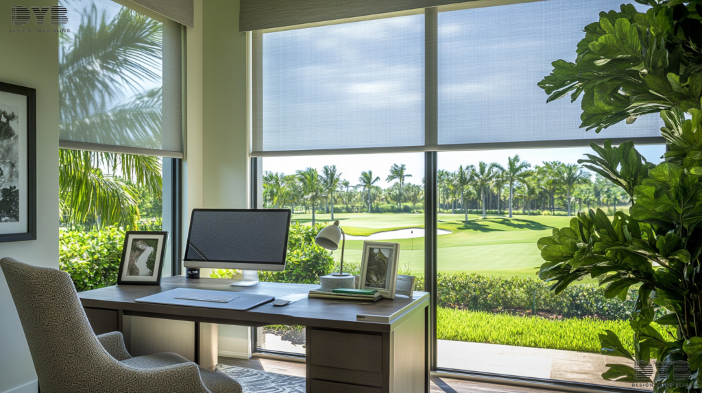 Solar Shades provide a stylish and functional solution to manage sunlight in a coastal home office in Parkland, FL.