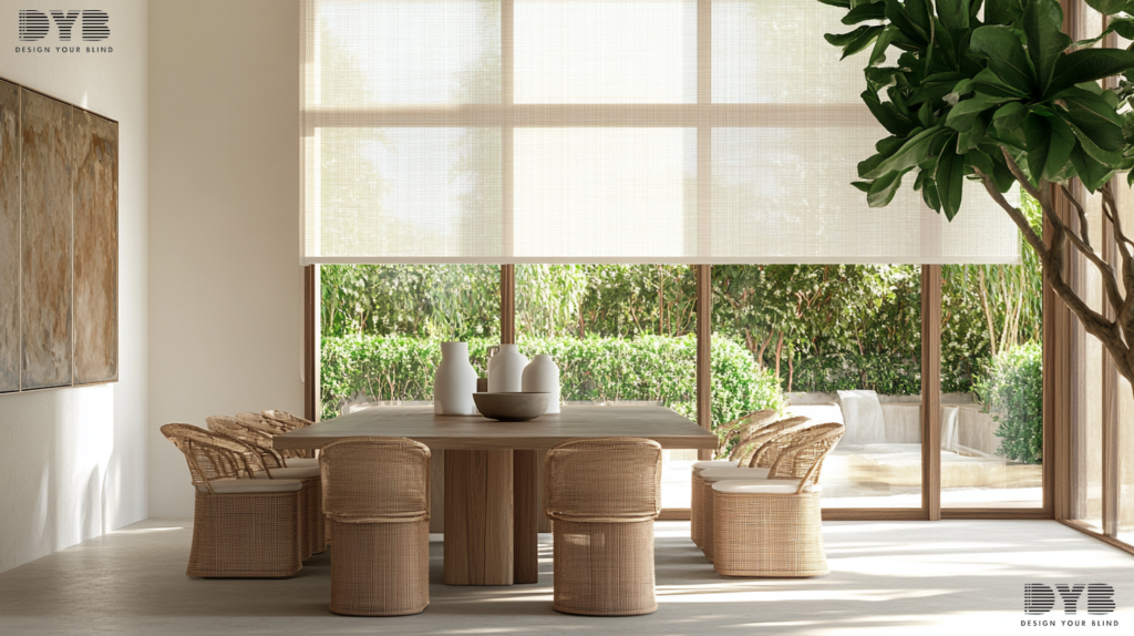 A dining room in Parkland, FL, featuring Solar Roller Shades, a sleek dining table, and modern chairs.