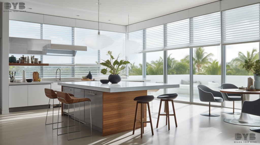A kitchen in Boca Raton, Florida, with Solar Shades on the windows overlooking the canals.