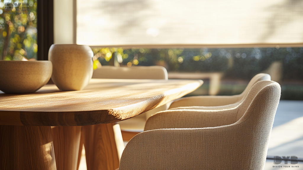 A dining room in Parkland, FL, featuring Roller Shades, a stylish wooden table, and modern chairs.