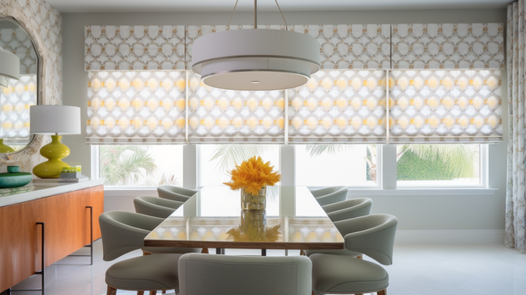 Patterned Roman Shades add a touch of personality and style to this Boca Raton, FL dining room