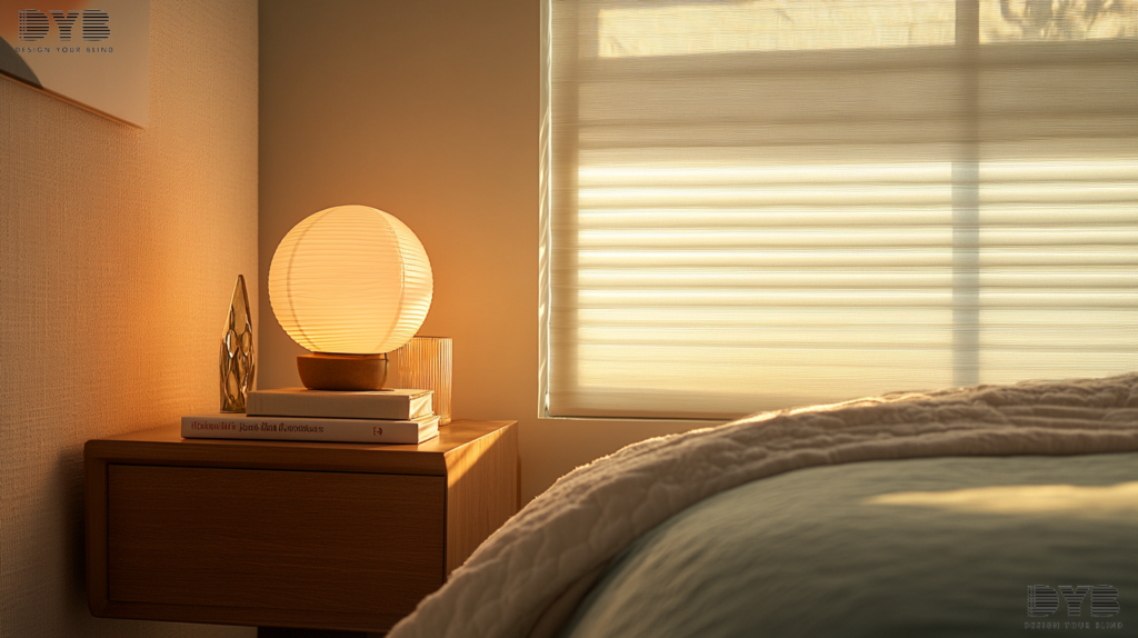 A serene guest bedroom in Boynton Beach, FL, featuring a farmhouse modern interior design style with a king-size bed, a bedside table, and partially closed Silhouette Shades.