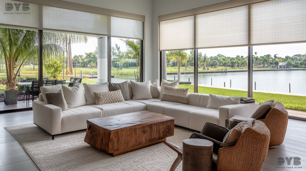 A formal living room in Parkland, FL, featuring Solar Roller Shades, a plush sectional sofa, and rustic coffee table.