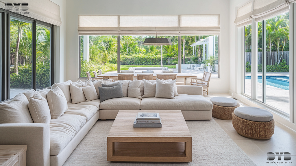 Solar Shades in Parkland, FL, elevate the style and functionality of a coastal-inspired family room.