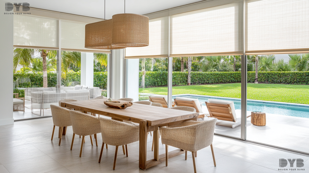 Solar Shades in Parkland, FL, provide a stylish and functional solution to manage sunlight in a minimalist casual dining room.
