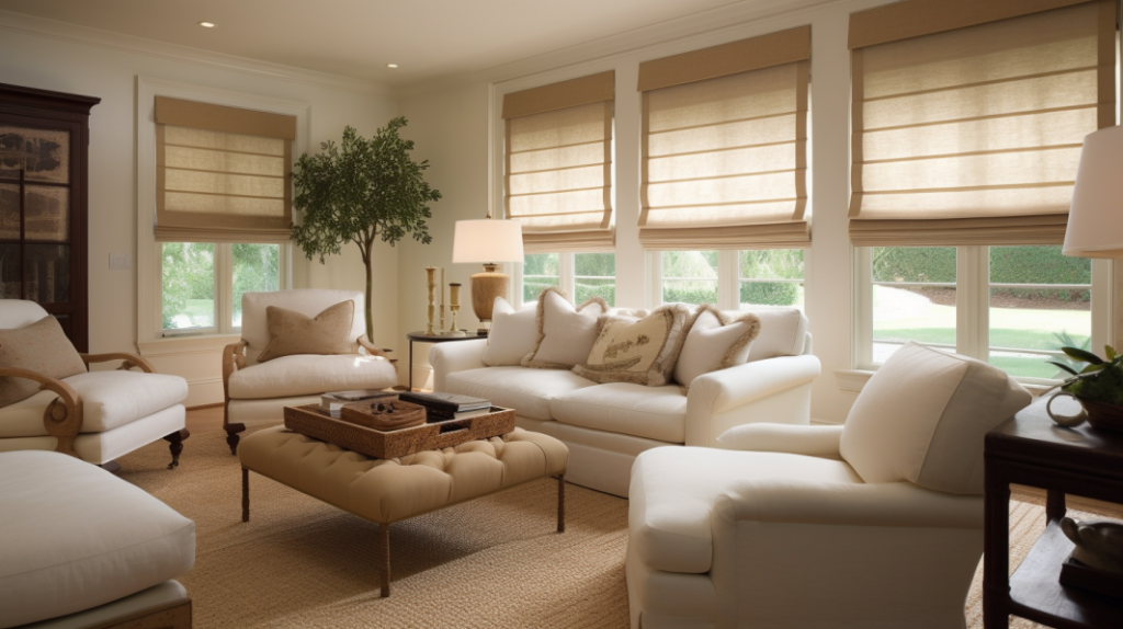 Stylish Roman Shades create a warm and inviting atmosphere in this cozy Boca Raton, FL living room
