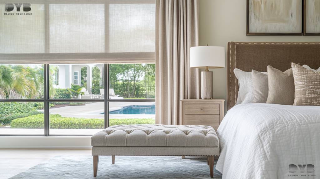 A close-up shot of a window in Boynton Beach, FL, featuring a farmhouse modern master bedroom with a partially closed Roller Shade, a plush bed with a headboard, a tufted bench at the foot of the bed, and a nightstand with a bedside lamp. The windows overlook a backyard with a pool.